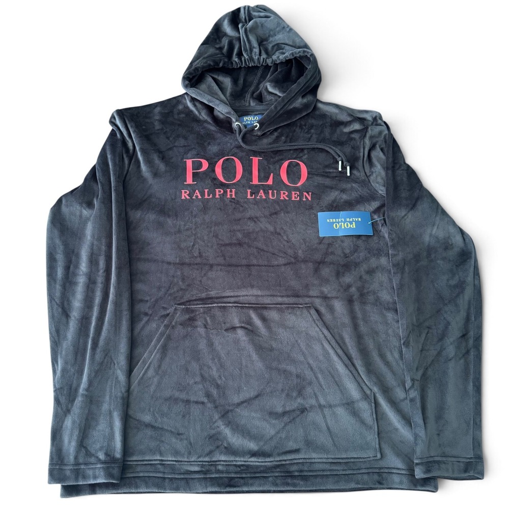 Polo Ralph Lauren Velour Hoodie NWT Men M Black Plush Sleepwear Red Pony Logo